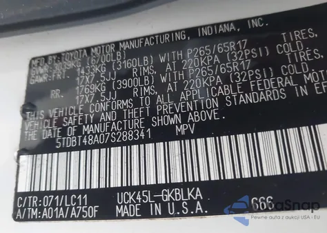 2007 Toyota Sequoia Limited V8 from USA, damaged, VIN 5TDBT48A07S288341